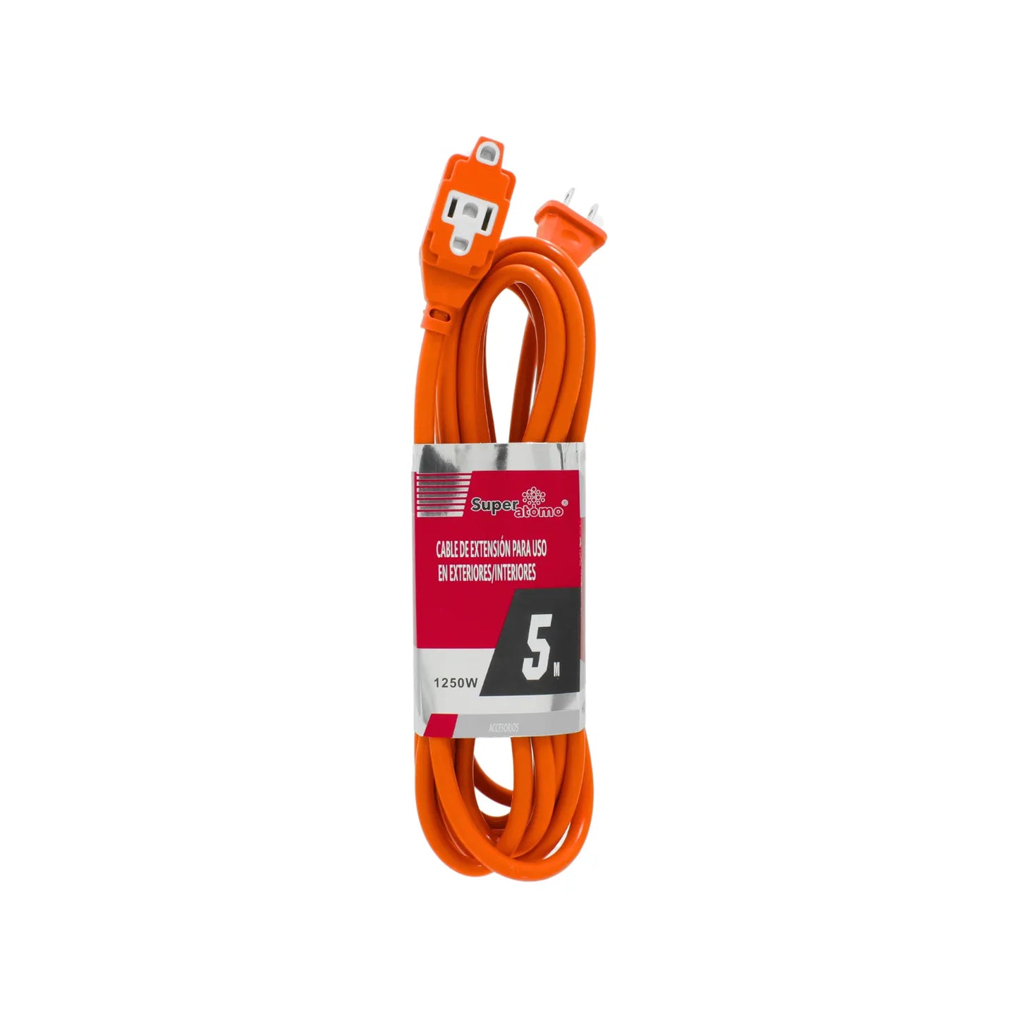 Cable de extensión naranja Super Atomo 5m, 1250W, con clavija y toma, para uso interior/exterior.