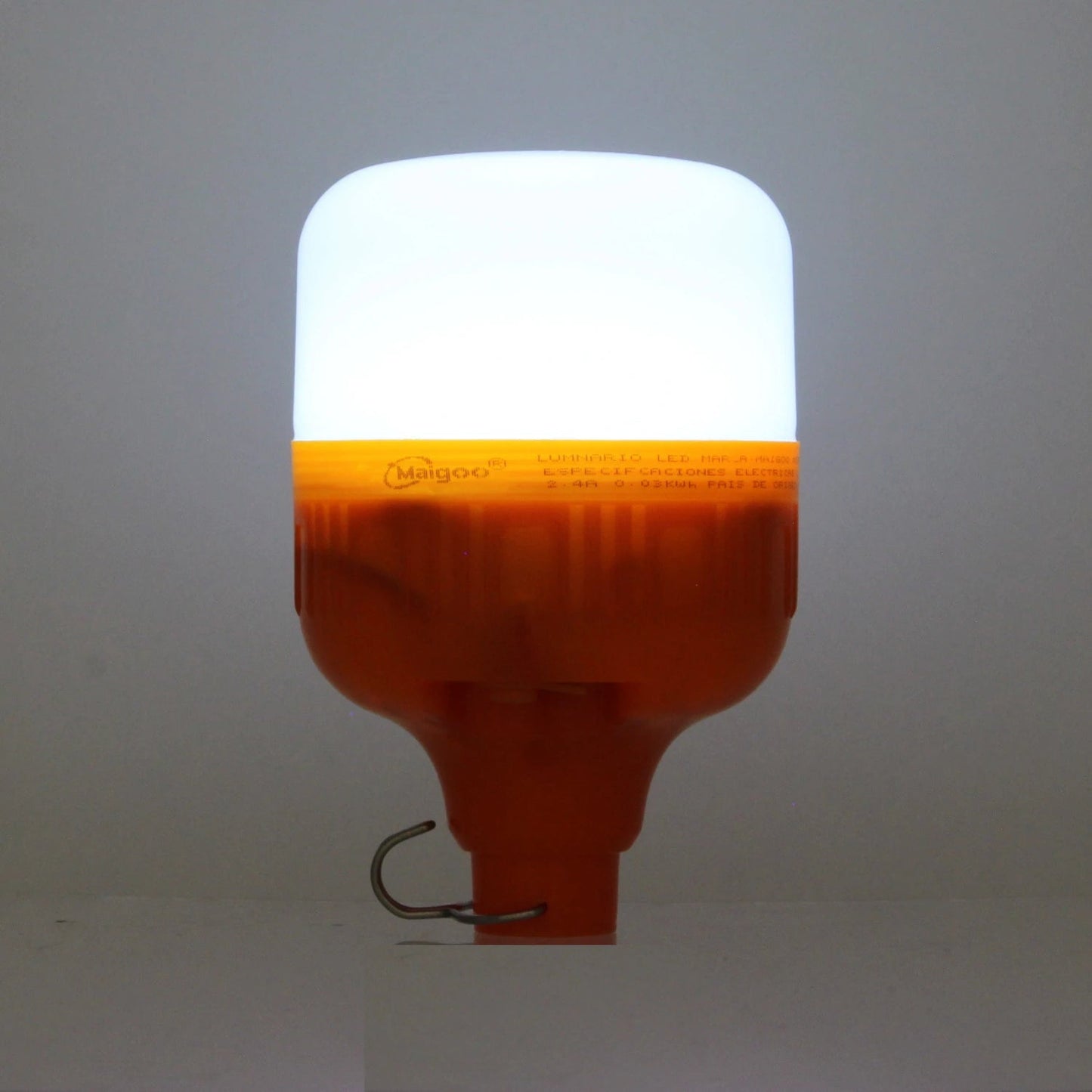 Lámpara de emergencia LED Maigoo recargable USB 30W, cuerpo naranja y luz blanca, con gancho