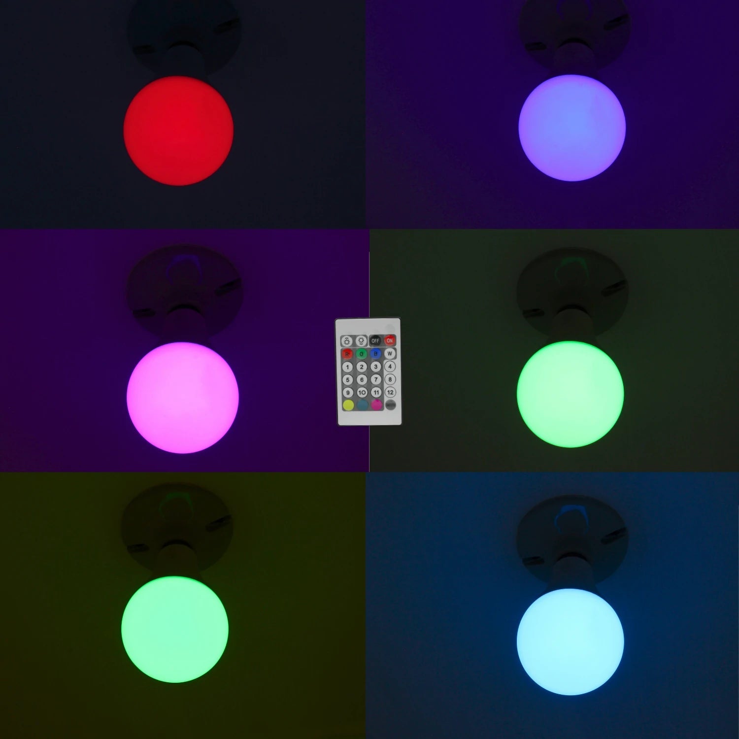 Foco bombilla LED RGB multicolor con control remoto, mostrando luz roja, morada, verde y azul