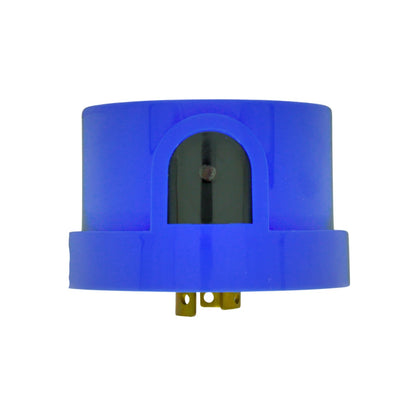 Fotocelda azul con sensor de luz para encendido y apagado automático de luces exteriores.