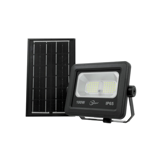 Reflector solar LED 100W Maigoo con panel, foco exterior negro resistente al agua IP65 para iluminación jardín
