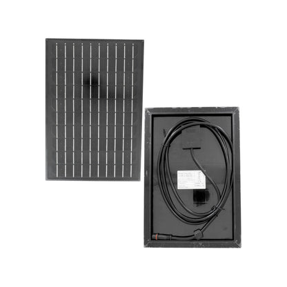 Panel solar fotovoltaico de celdas y marco negro, con cables y conector MC4 en la parte trasera.