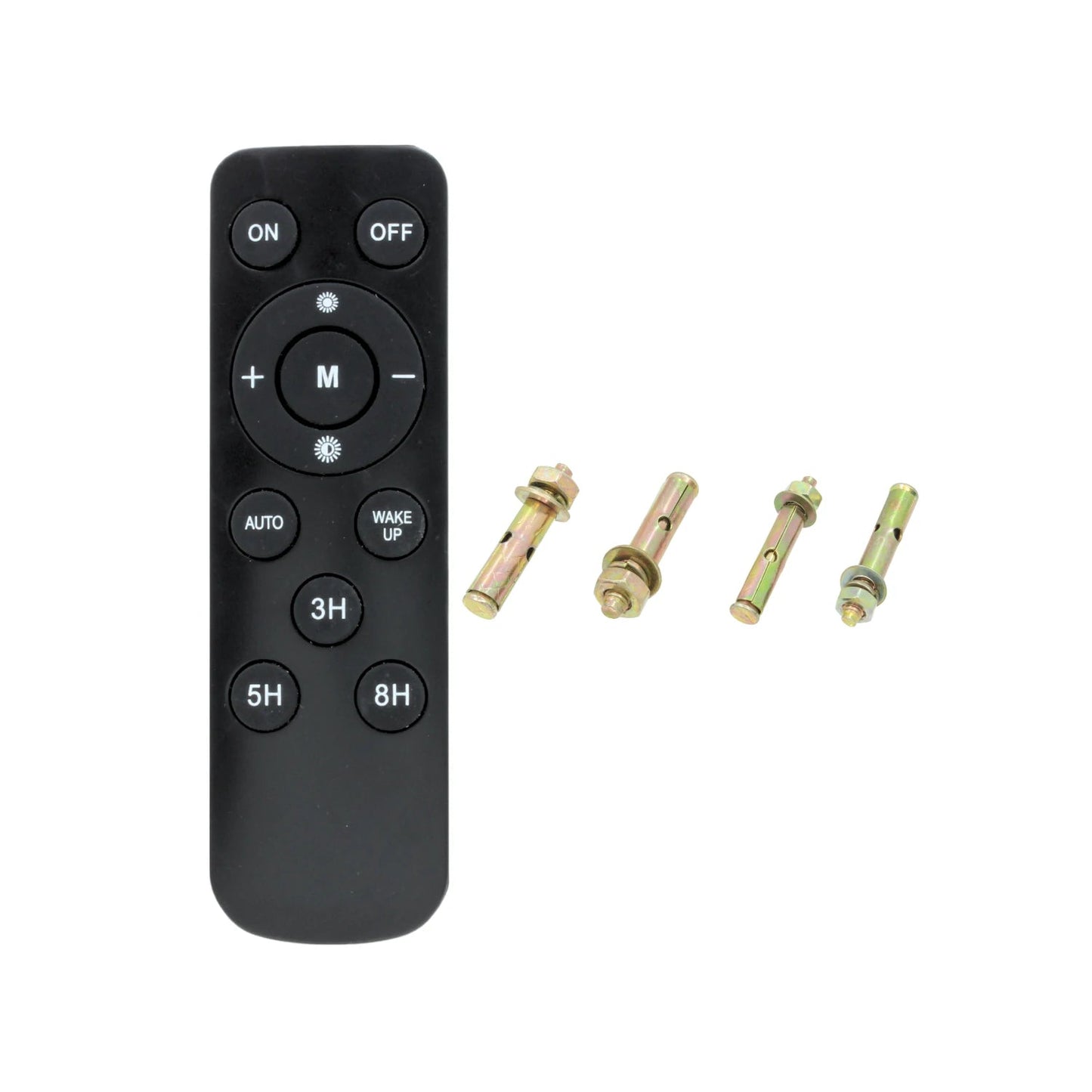 Control remoto negro para iluminación con funciones de brillo y temporizador, junto a cuatro pernos de anclaje metálicos.