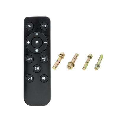 Control remoto negro para iluminación con funciones de brillo y temporizador, junto a cuatro pernos de anclaje metálicos.