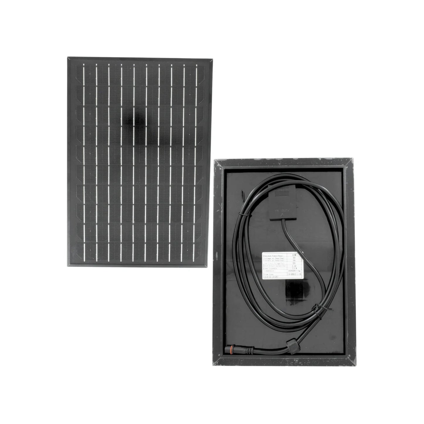 Panel solar compacto negro, anverso de celdas fotovoltaicas y reverso con caja de conexiones y cable MC4.