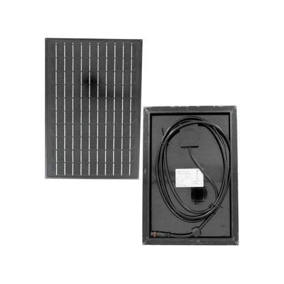 Panel solar compacto negro, anverso de celdas fotovoltaicas y reverso con caja de conexiones y cable MC4.