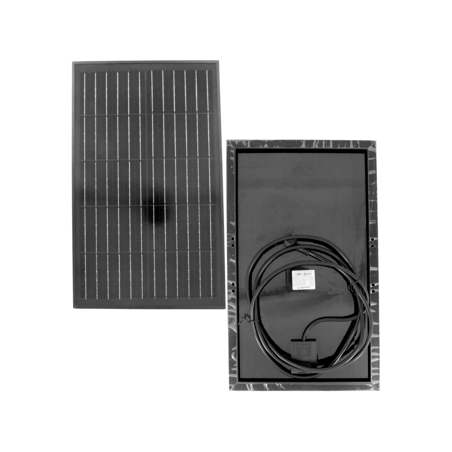 Panel solar fotovoltaico compacto negro, mostrando vista frontal de celdas y trasera con cableado eléctrico.