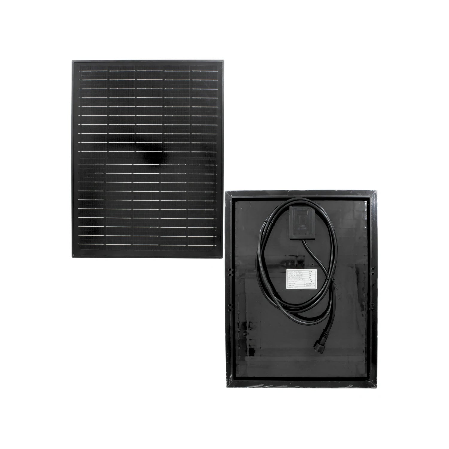 Panel solar fotovoltaico negro compacto, vista frontal de células y trasera con caja de conexiones y cableado.
