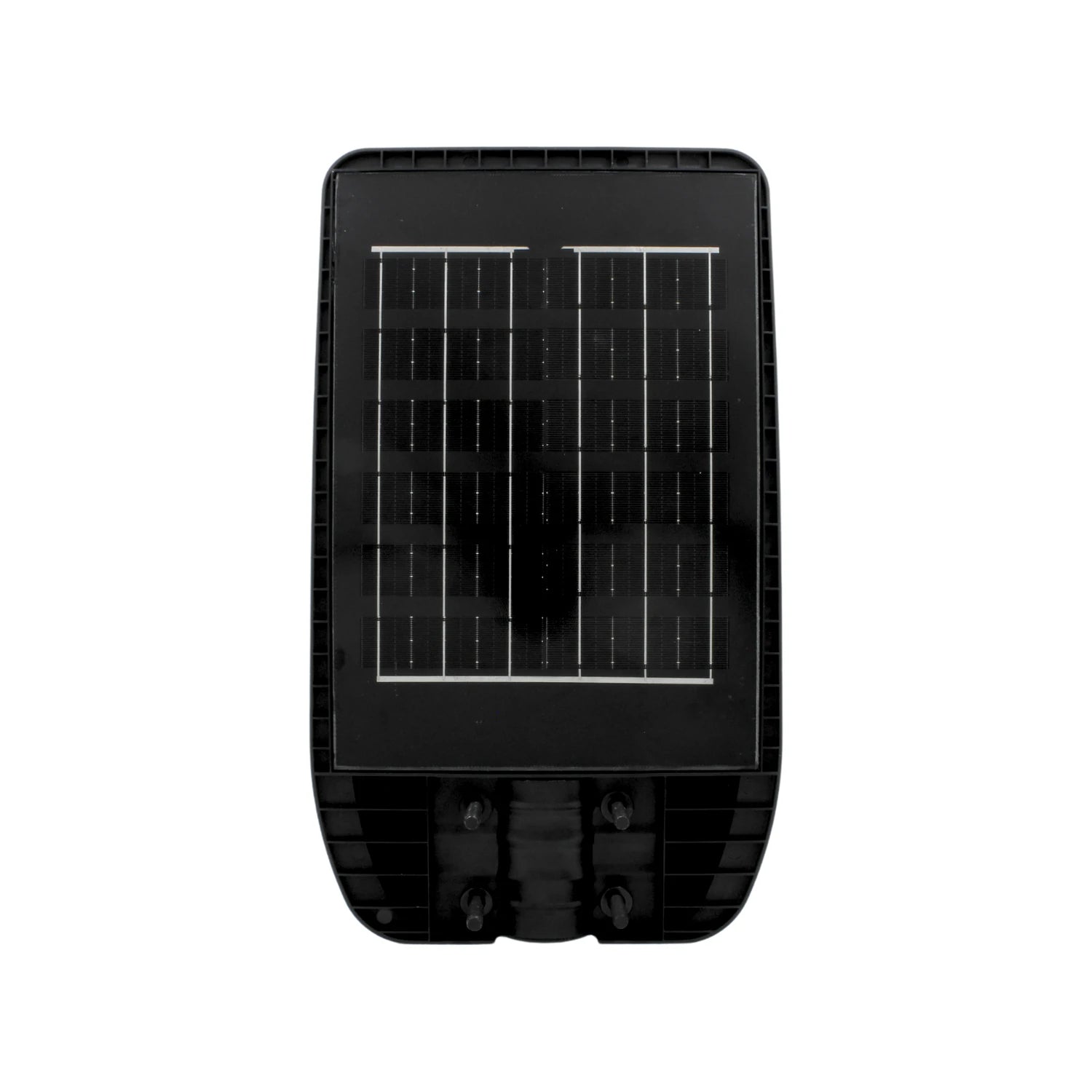 Lámpara solar urbana exterior negra con panel fotovoltaico integrado para alumbrado público eficiente.