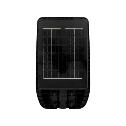 Lámpara solar urbana exterior negra con panel fotovoltaico integrado para alumbrado público eficiente.