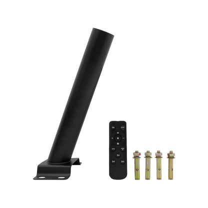 Soporte metálico negro para lámpara solar urbana, mando a distancia y 4 anclajes de expansión para instalación.