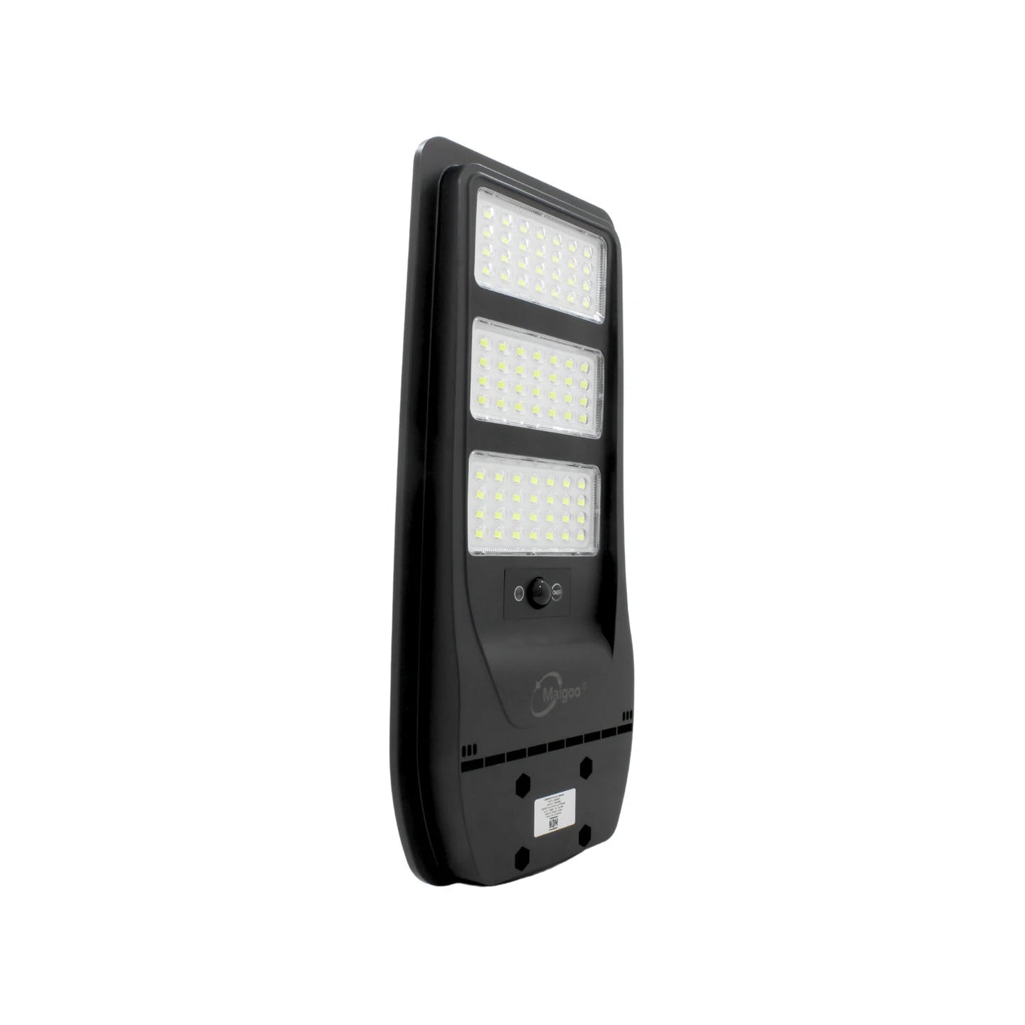 Lámpara solar urbana Maigoo negra 600W SMD LED para iluminación exterior eficiente, autónoma y fácil instalación.