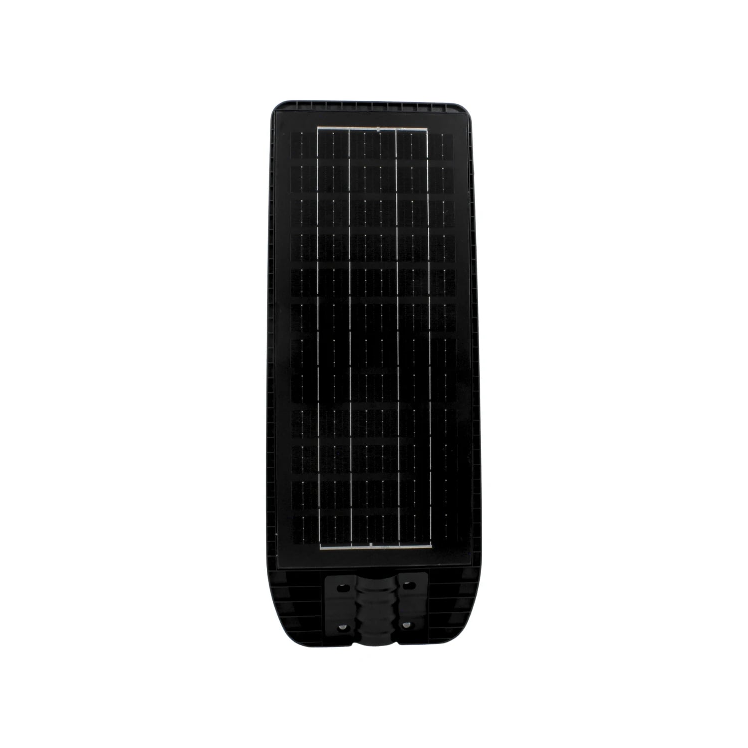 Farola solar LED urbana 800W negra con panel fotovoltaico integrado para iluminación exterior de calles y caminos.