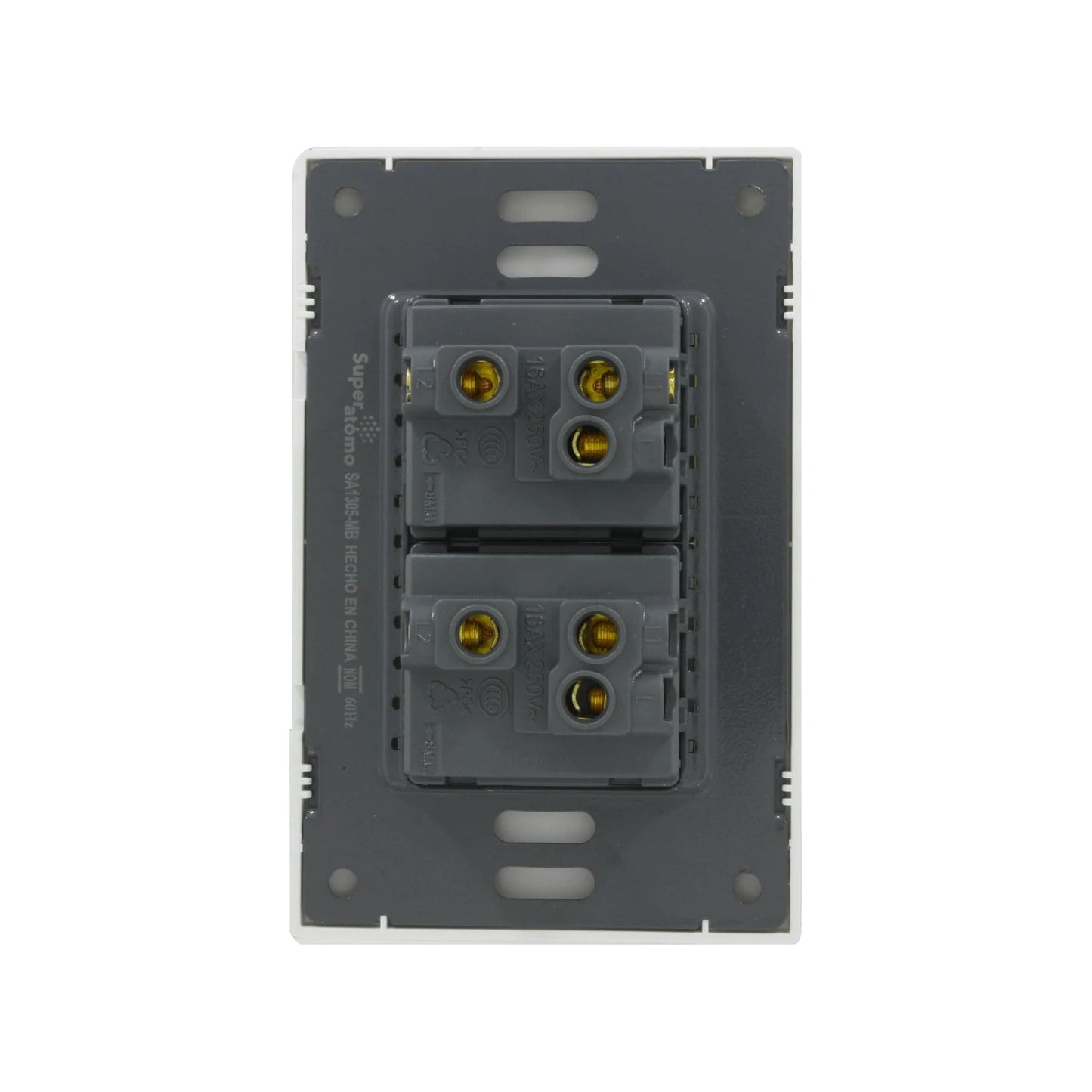 Placa Superátomo SA1305-MB blanca con 2 apagadores de escalera 16A 250V, vista trasera de conexiones eléctricas