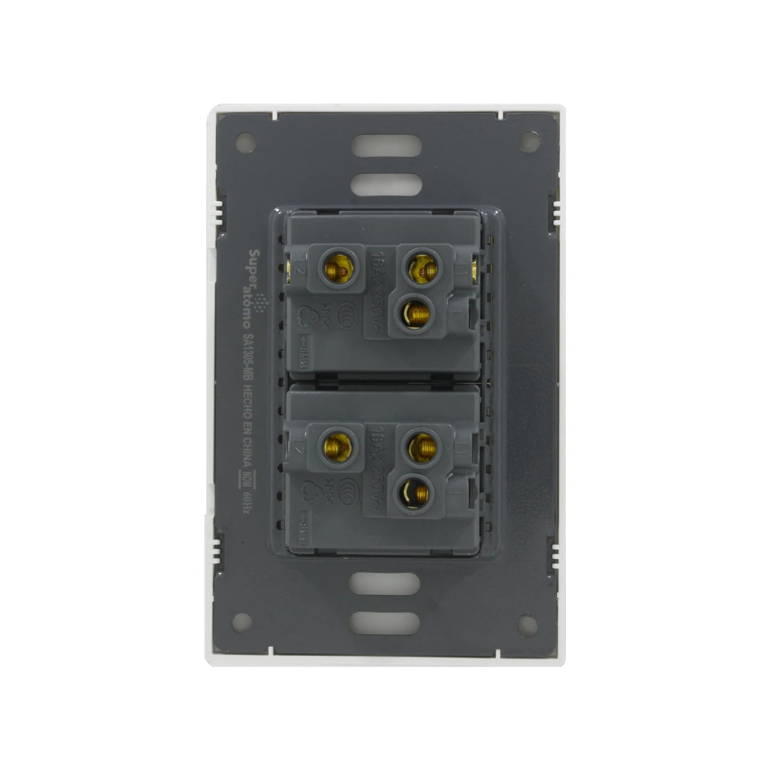 Placa Superátomo SA1305-MB blanca con 2 apagadores de escalera 16A 250V, vista trasera de conexiones eléctricas