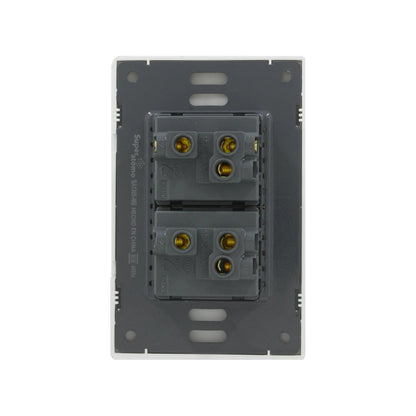 Placa Superátomo SA1305-MB blanca con 2 apagadores de escalera 16A 250V, vista trasera de conexiones eléctricas