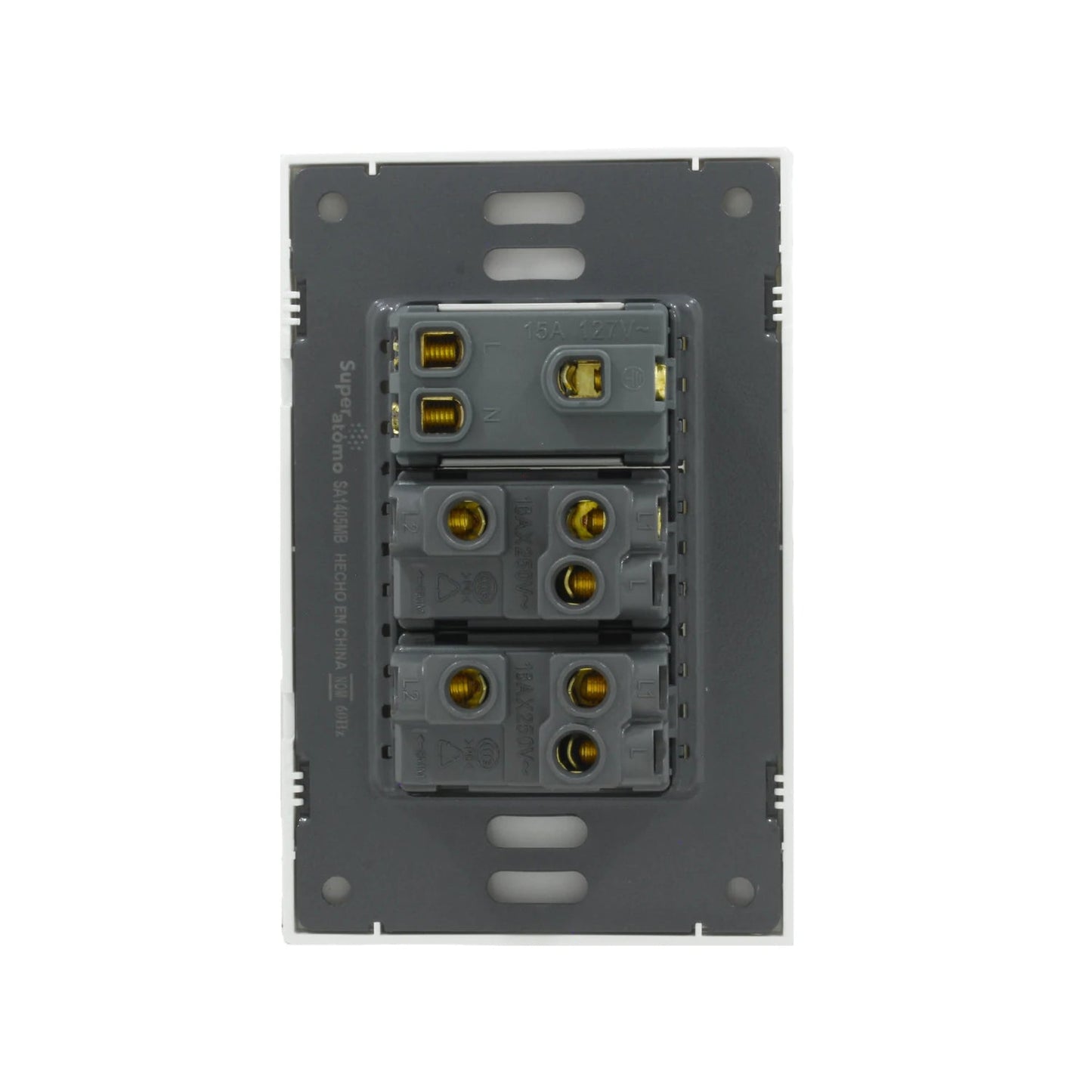 Placa eléctrica Super átomo blanca con 2 apagadores 16A 250V y 1 contacto 15A 127V, vista trasera