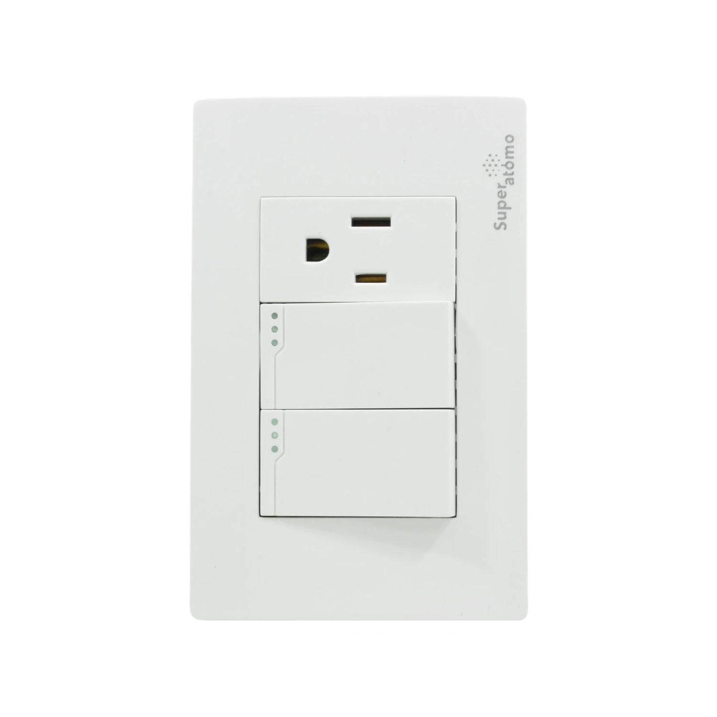 Placa eléctrica Super átomo blanca con 2 interruptores de luz LED y 1 tomacorriente polarizado.