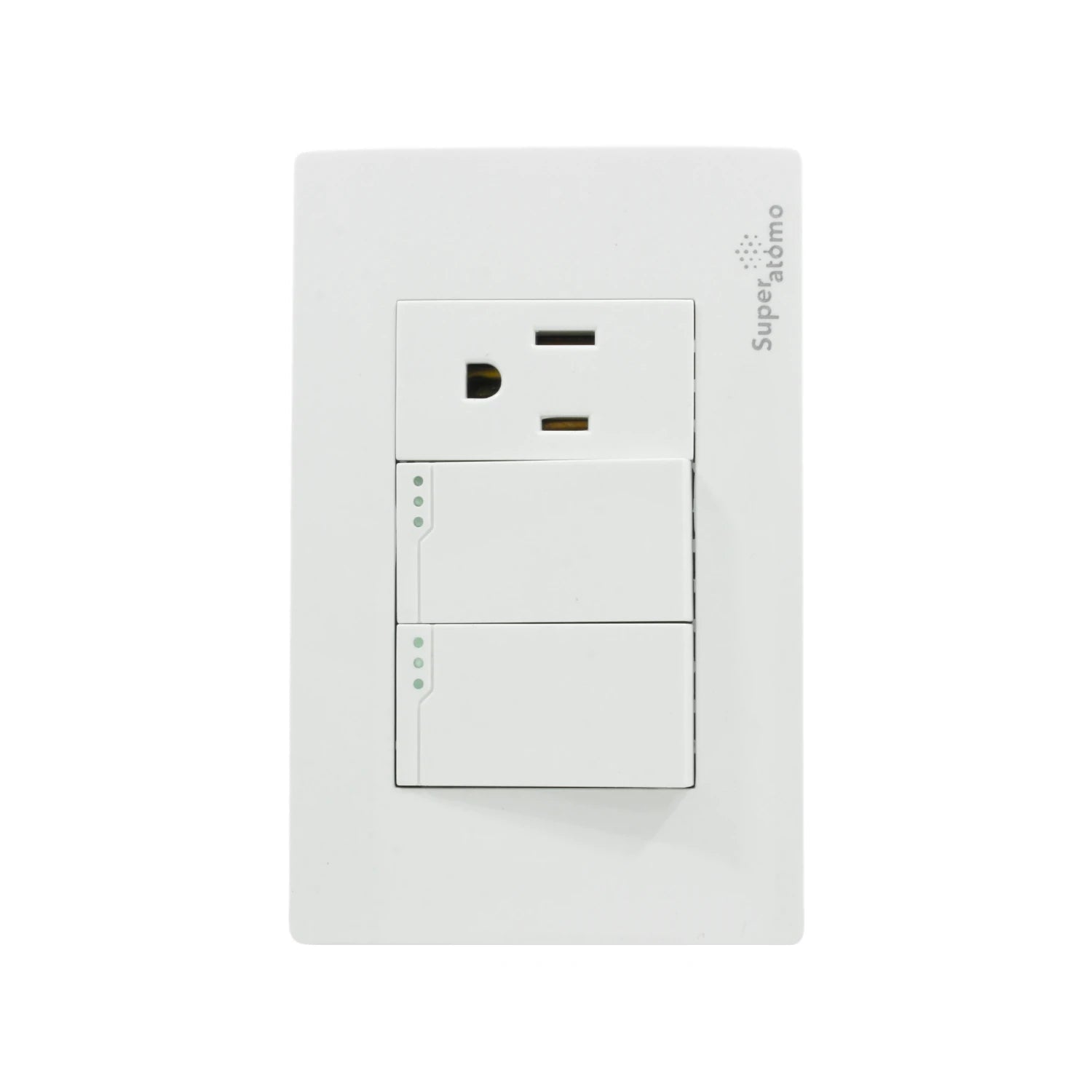 Placa eléctrica Super átomo blanca con 2 interruptores de luz LED y 1 tomacorriente polarizado.