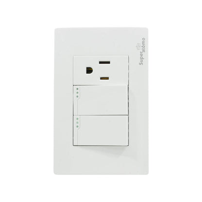 Placa eléctrica Super átomo blanca con 2 interruptores de luz LED y 1 tomacorriente polarizado.