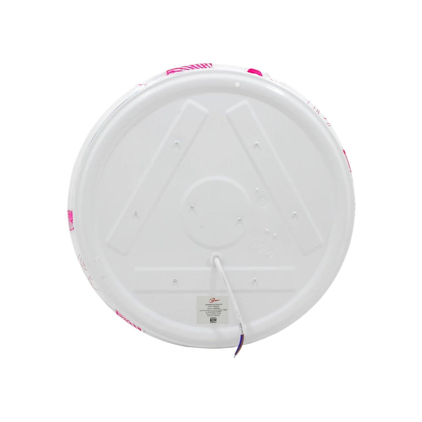 Lámpara LED redonda de sobreponer Maigoo 20W, con diseño rehilete rosa, vista trasera con conexiones eléctricas.