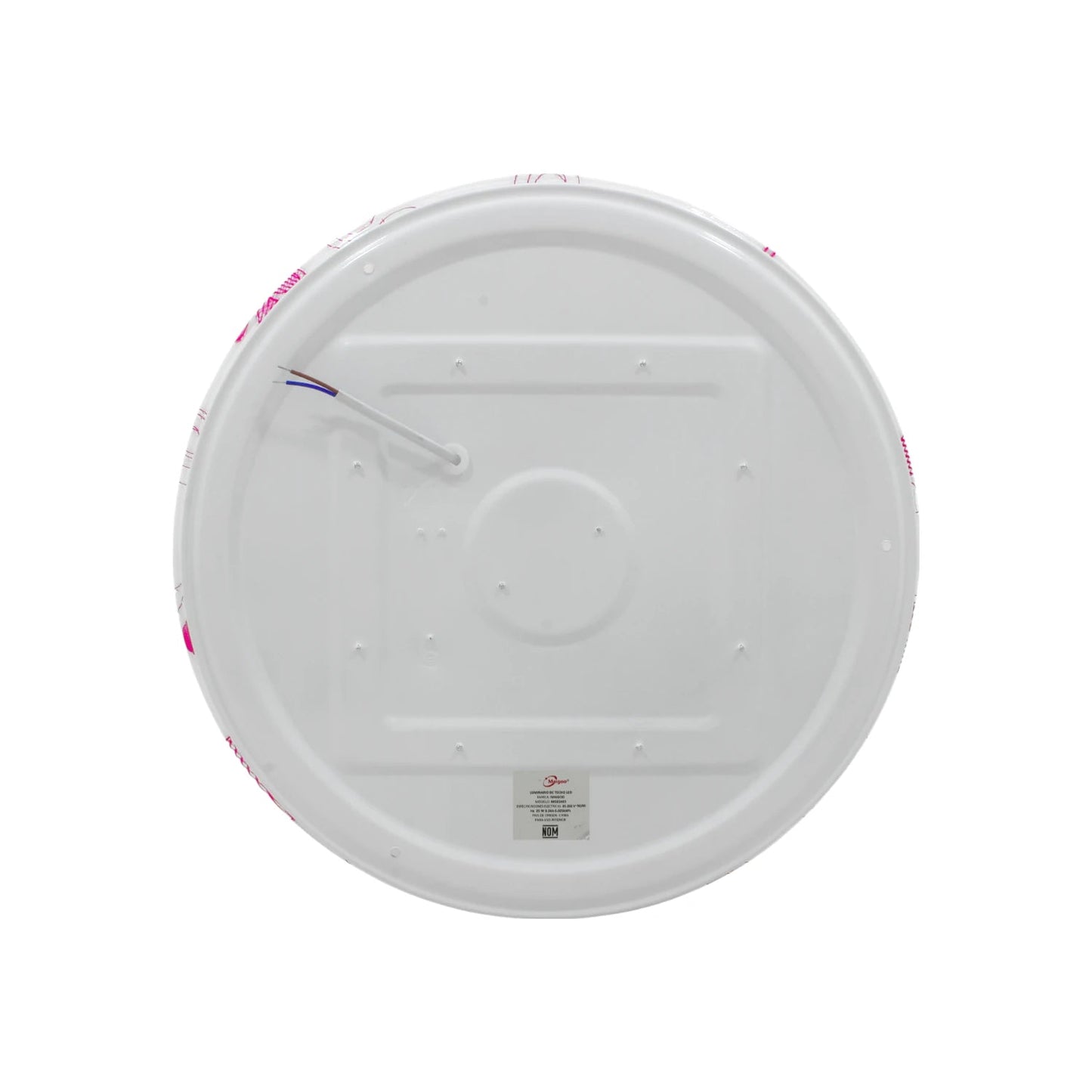 Lámpara de techo LED redonda Maigoo blanca con cableado y bordes rosas, vista trasera para sobreponer.