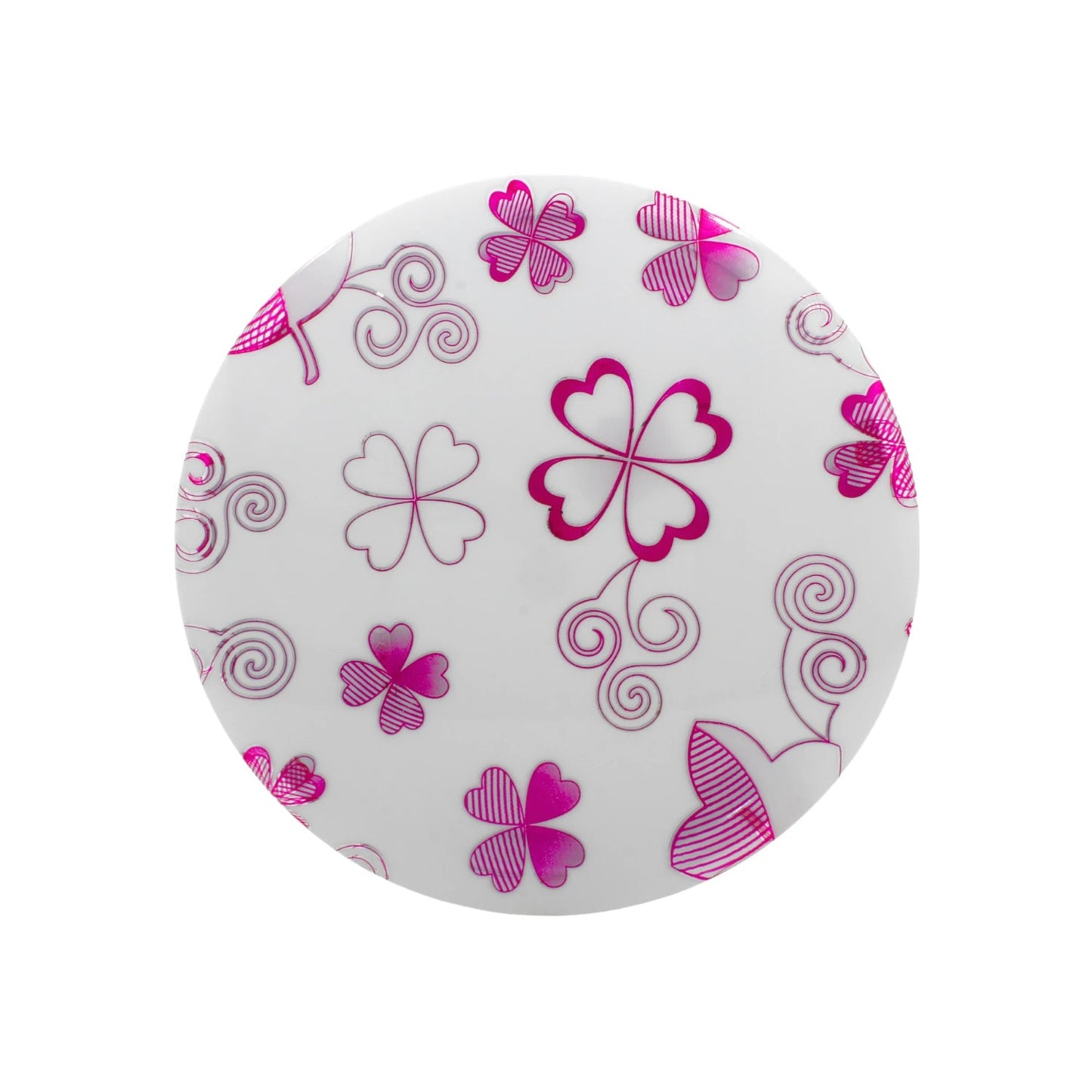 Cubierta redonda blanca para lámpara de sobreponer con diseño rosa de tréboles y espirales