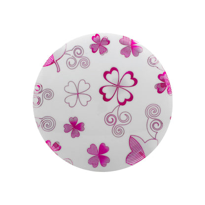 Cubierta redonda blanca para lámpara de sobreponer con diseño rosa de tréboles y espirales