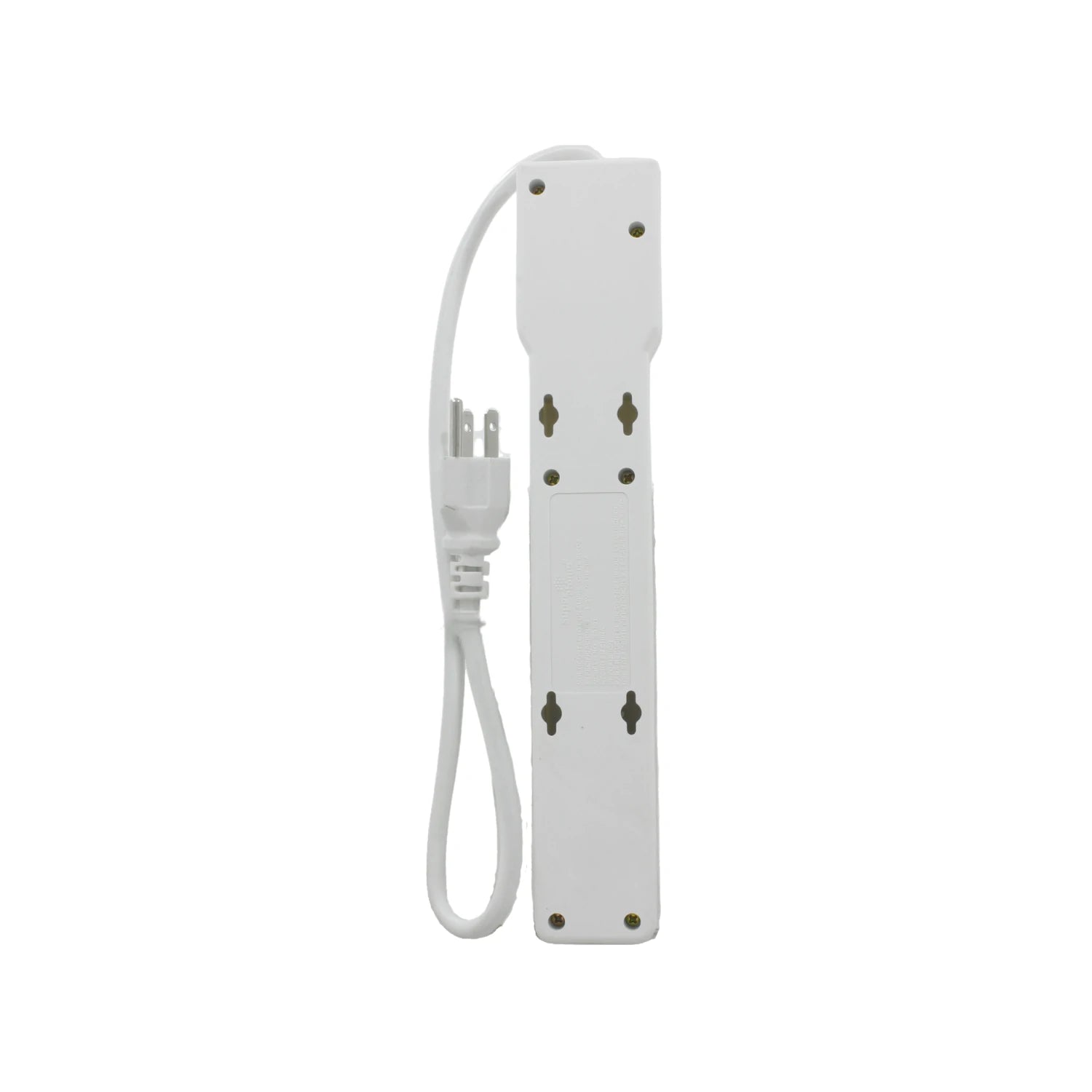 Multicontacto blanco con cable de alimentación y enchufe de 3 clavijas, vista trasera con orificios para montaje.