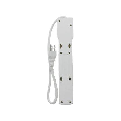 Multicontacto blanco con cable de alimentación y enchufe de 3 clavijas, vista trasera con orificios para montaje.