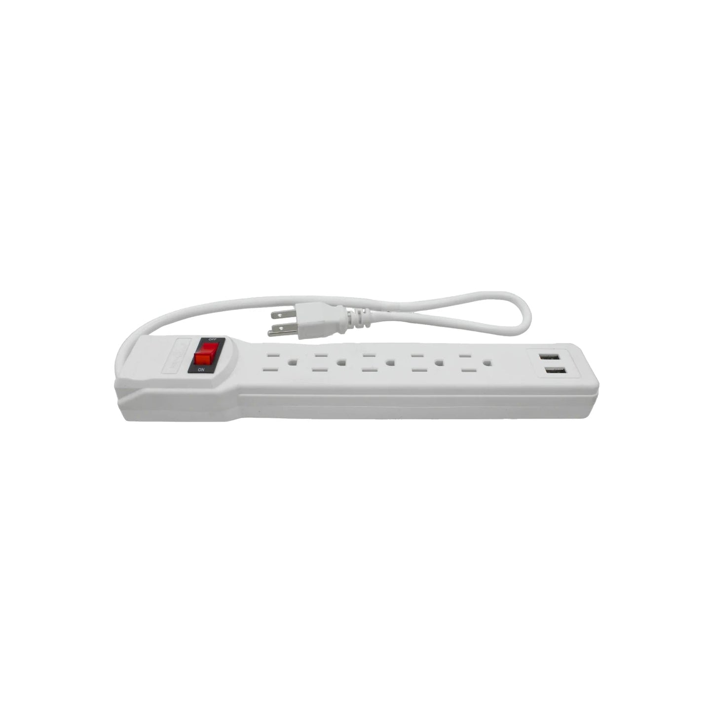 Multicontacto blanco con 5 tomas de corriente y 2 puertos USB, interruptor rojo de encendido/apagado