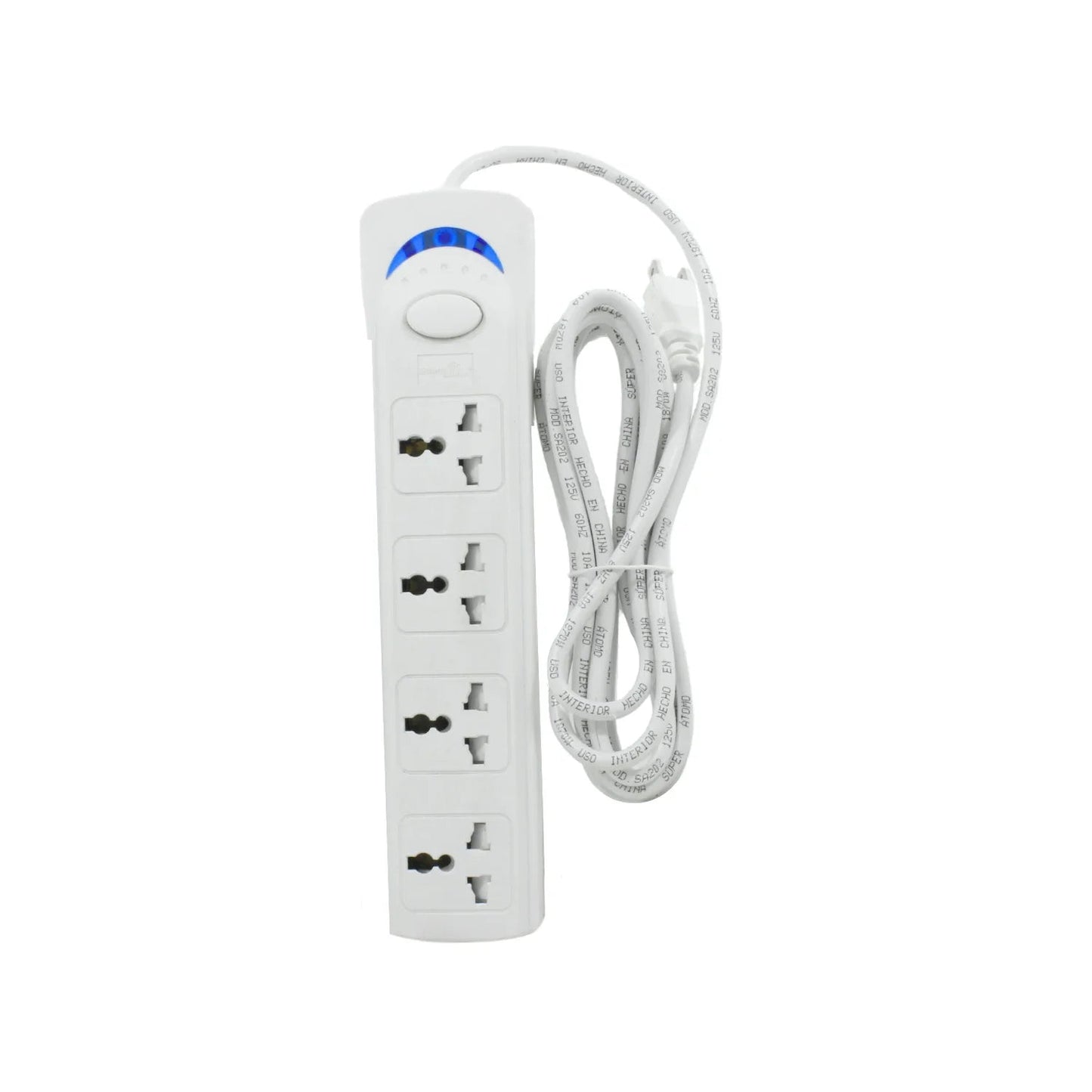 Multicontacto blanco Super Átomo SA202 con 4 entradas universales, interruptor iluminado, extensión eléctrica.