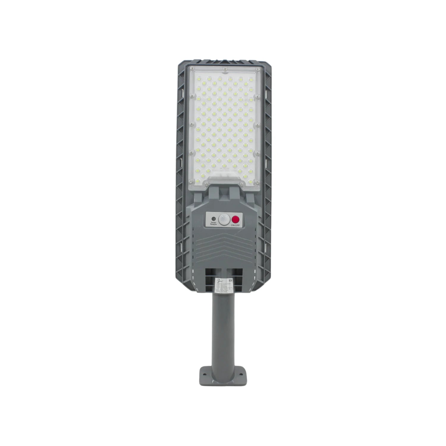 Lámpara solar urbana gris con panel LED, sensor de movimiento y botón ON/OFF para iluminación exterior de calles