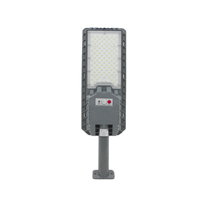 Lámpara solar urbana gris con panel LED, sensor de movimiento y botón ON/OFF para iluminación exterior de calles