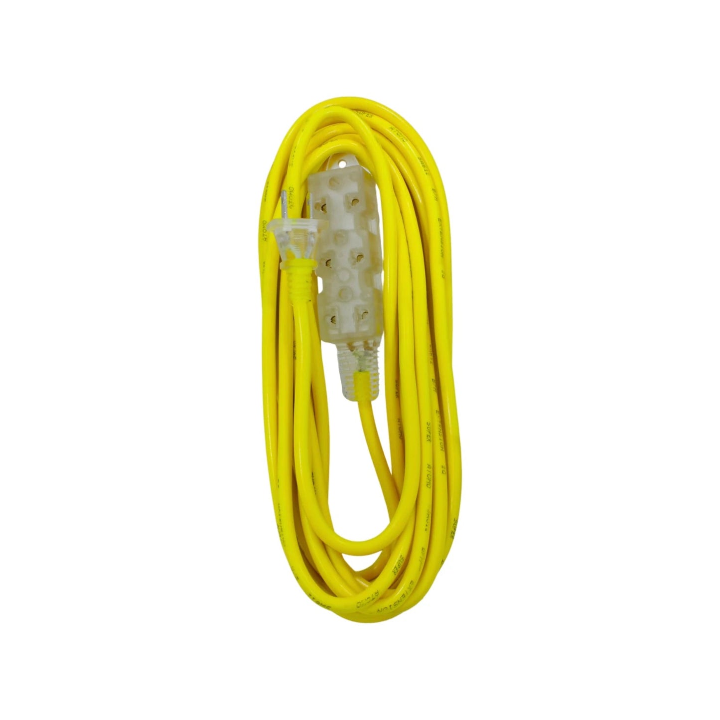 Extensión eléctrica uso rudo amarilla con multicontacto de 3 salidas, cable grueso y resistente