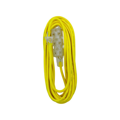 Extensión eléctrica uso rudo amarilla con multicontacto de 3 salidas, cable grueso y resistente