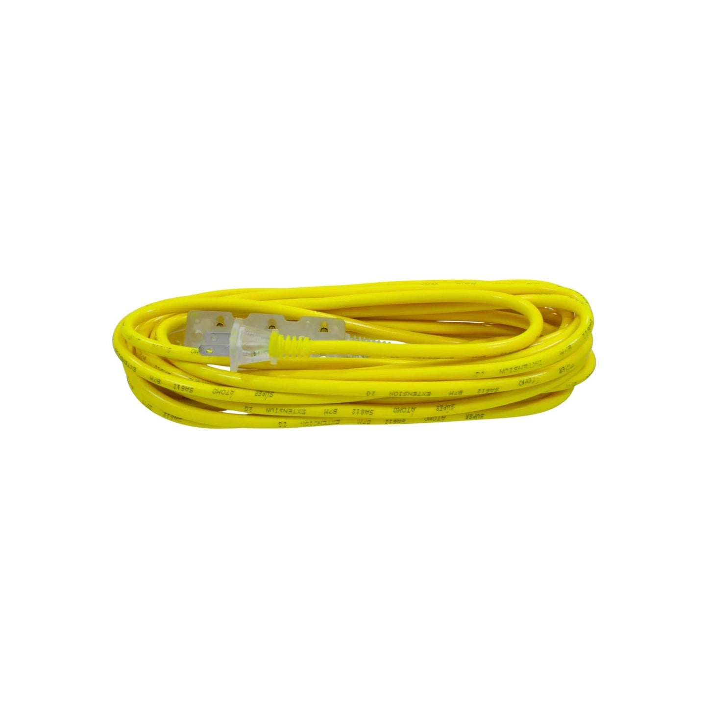 Extensión eléctrica amarilla uso rudo ATOMO SA612, cable enrollado con enchufes transparentes