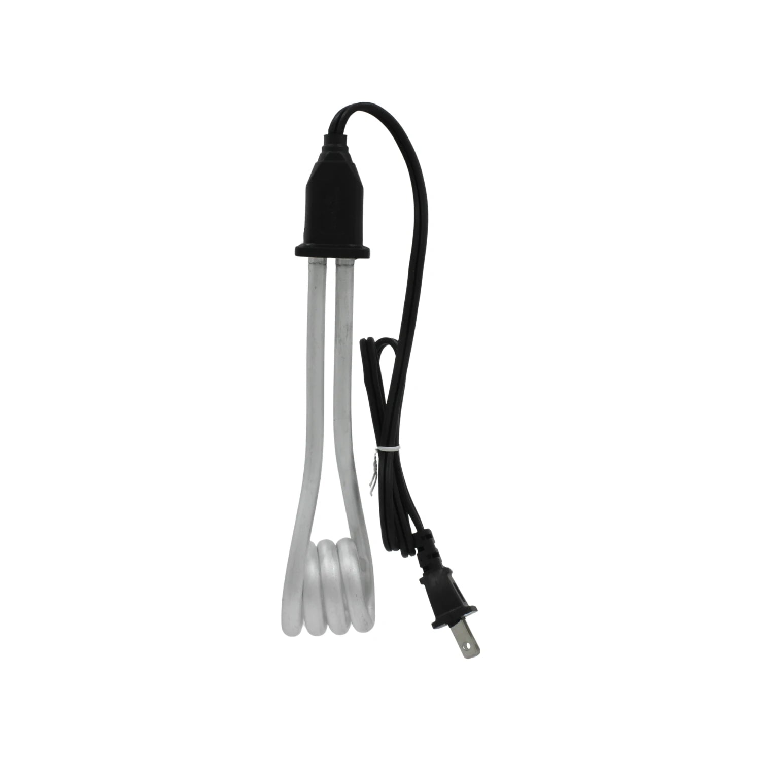Calentador de inmersión eléctrico portátil, resistencia tubular plateada en espiral, con cable y enchufe negros para líquidos.