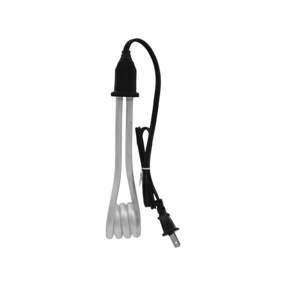 Calentador de inmersión eléctrico portátil, resistencia tubular plateada en espiral, con cable y enchufe negros para líquidos.