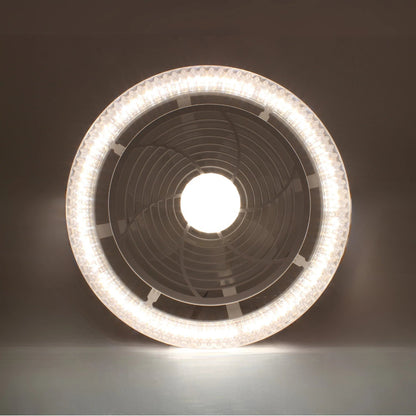 Ventilador de techo moderno con luz LED circular y central brillante, diseño integrado para iluminación y ventilación en el hogar.