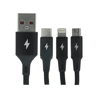 Cable cargador multiuso negro con conectores USB-C, Lightning para iPhone y Micro USB V8 para smartphones.