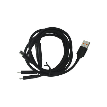 Cable de carga múltiple Super átomo negro con conectores USB-A, Tipo C, Micro USB V8 y Lightning iPhone.
