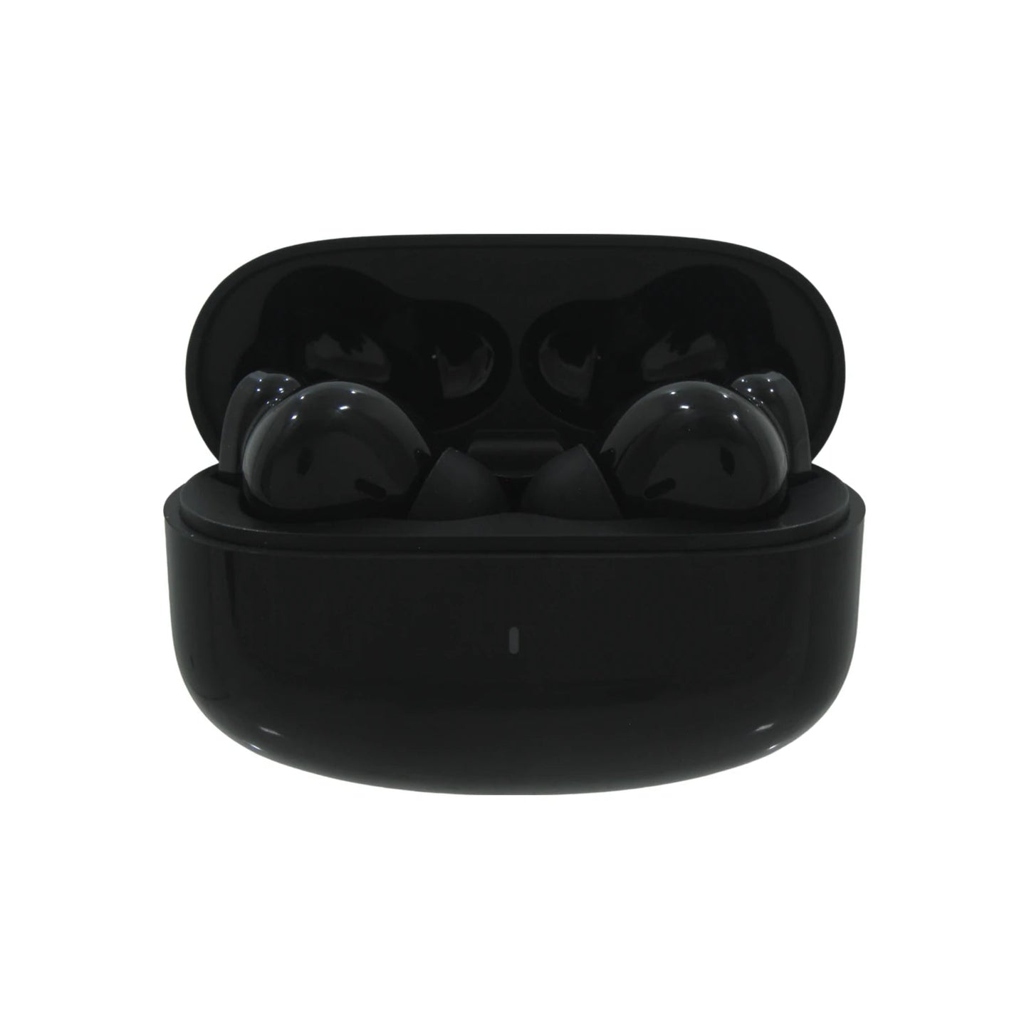 Audífonos inalámbricos Bluetooth negros con estuche de carga abierto