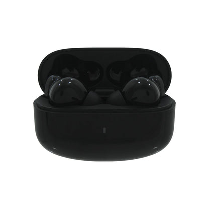 Audífonos inalámbricos Bluetooth negros con estuche de carga abierto