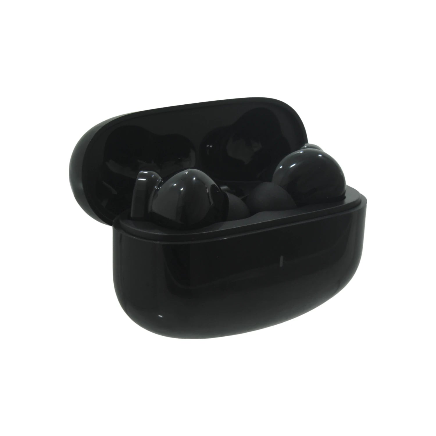 Audífonos inalámbricos negros con estuche de carga abierto, auriculares bluetooth para sonido