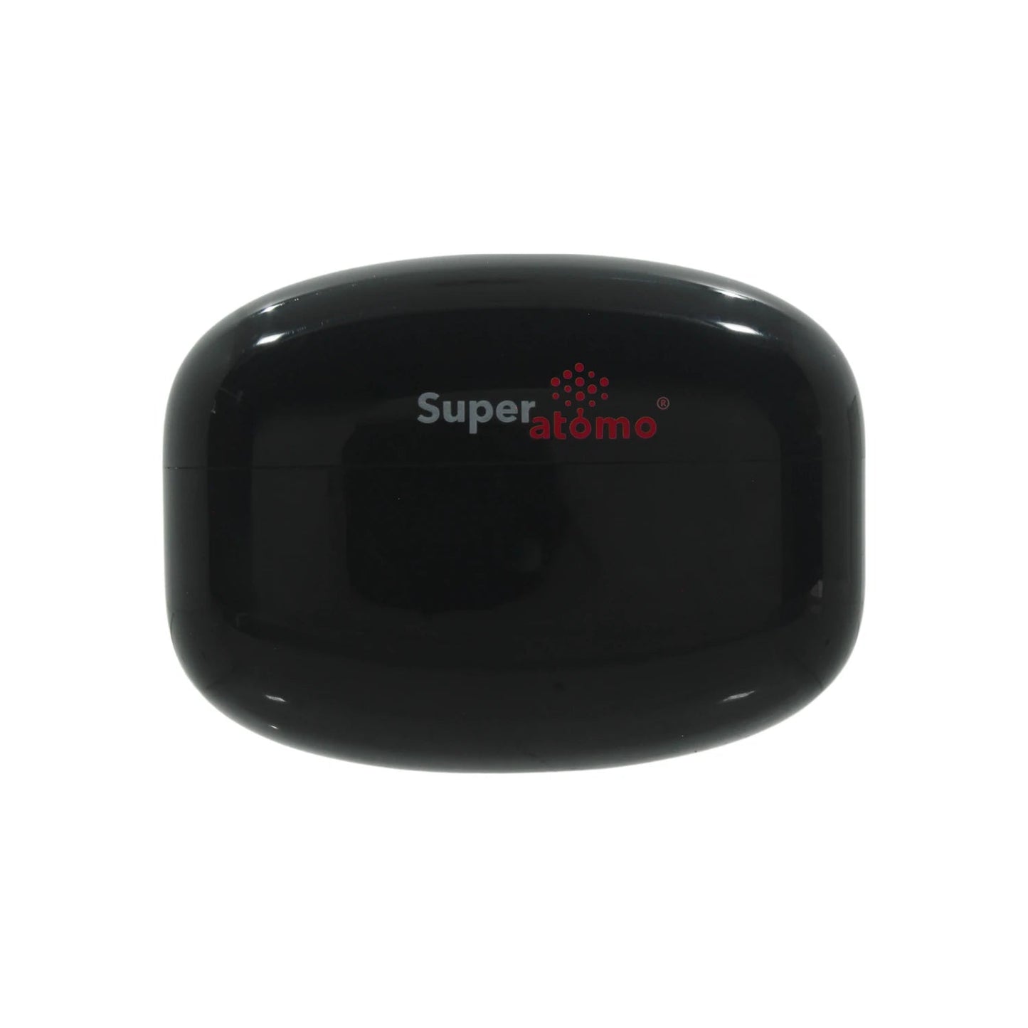 Estuche de carga negro Super átomo para audífonos inalámbricos, diseño compacto.