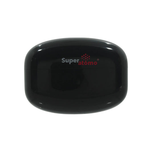 Estuche de carga negro Super átomo para audífonos inalámbricos, diseño compacto.