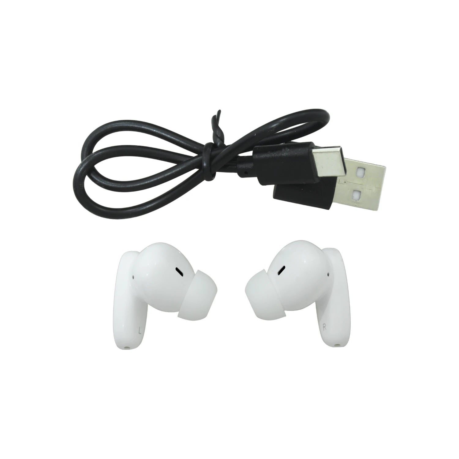 Audífonos inalámbricos blancos tipo in-ear con cable de carga USB para dispositivos móviles.