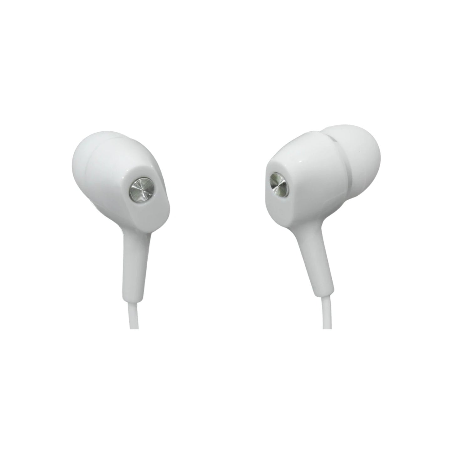 Audífonos manos libres blancos in-ear, con diseño ergonómico y detalles metálicos plateados en cada auricular.