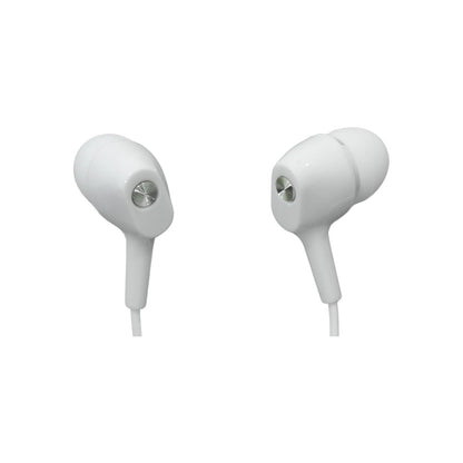 Audífonos manos libres blancos in-ear, con diseño ergonómico y detalles metálicos plateados en cada auricular.
